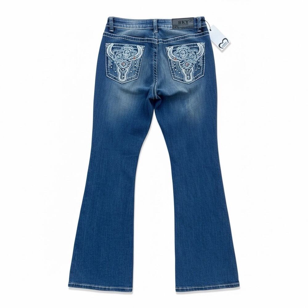 New Sky Premium Bootcut Western Flared Jeans Skull Y2K Steer Rhinestone 13/14